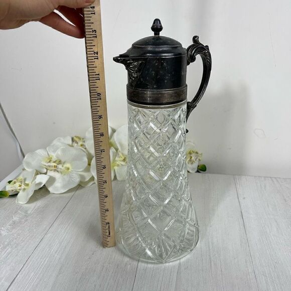 Large Silver Plate Cut Clear Glass Serving Pitcher Carafe - Picture 7 of 13